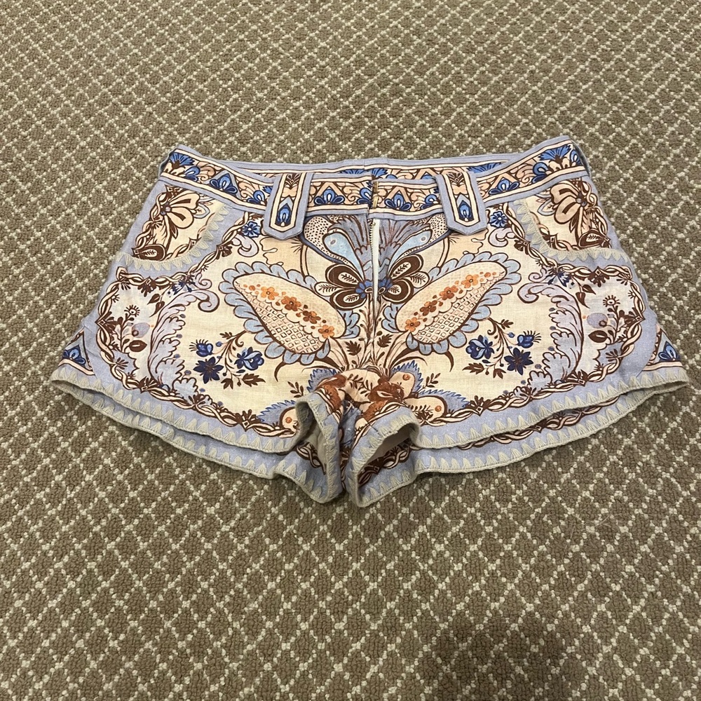 Zimmermann Paisley Print Shorts - Cream and Blue w belt